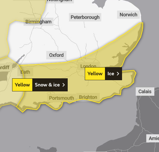 The Met Office has issued a yellow weather warning for ice in the London and South East region