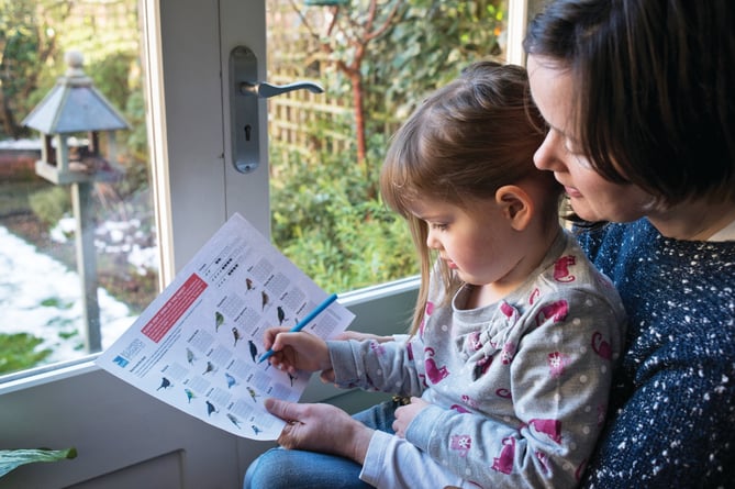 RSPB Big Garden Birdwatch. Mother and her daughter counting birds in their garden, Bedford, UK, January 2013