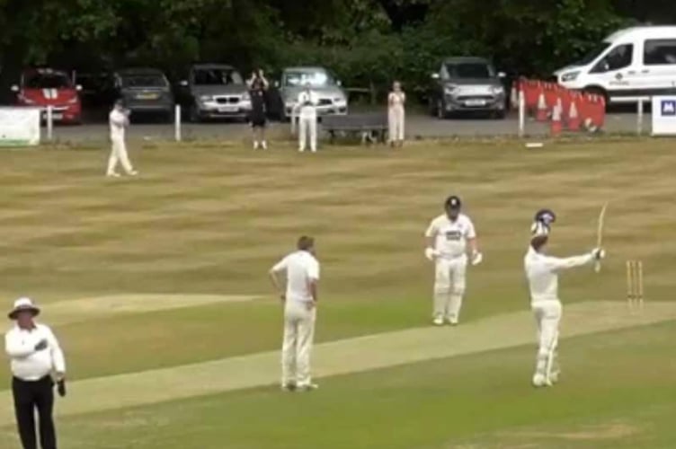 Farnham’s Nathan Thorpe celebrates his century against Bank of England, June 17th 2023.