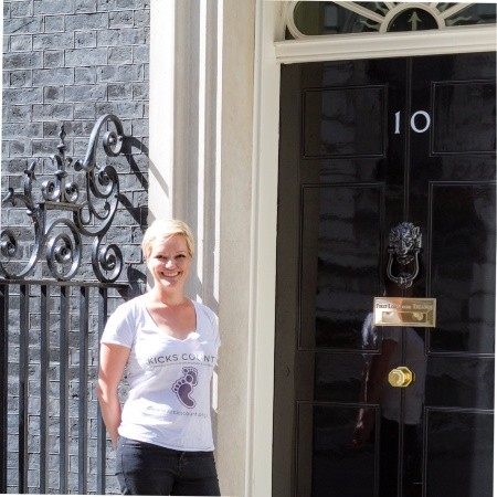 Elizabeth Hutton, CEO of Woking charity Kicks Count, outside Number 10 Downing Street