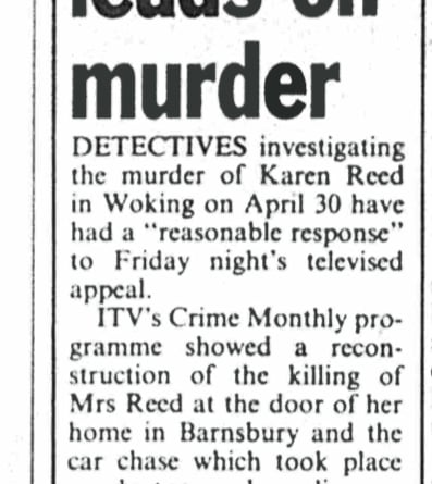 Cutting from the News & Mail reporting public response to TV appeal over the murder of Karen Reed