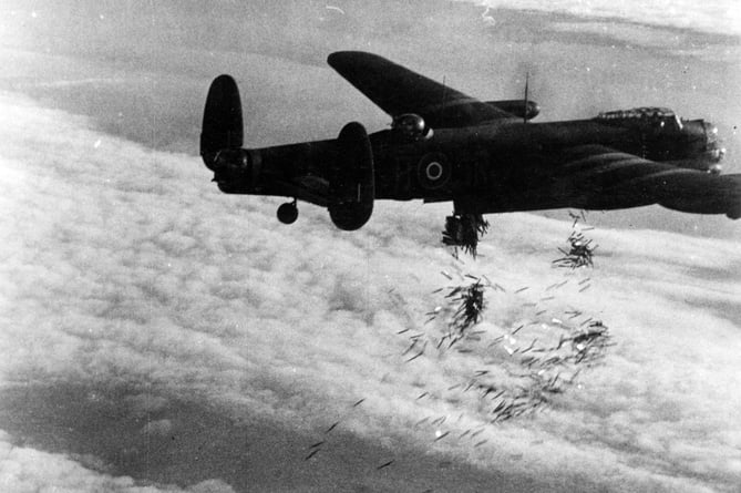 Still from film shot by the RAF Film Production Unit during Operation HURRICANE. Avro Lancaster