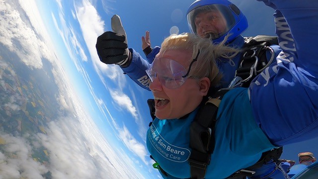 Denise on her skydive fundraiser in memory of her son Michael