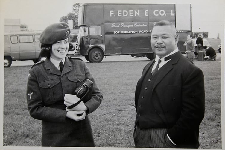 Daphne Wincomb with Harold Sakata on the set of Goldfinger