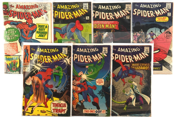 A group of 7 early Silver-age issues of The Amazing Spider-Man featuring first appearances and classic covers