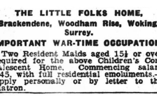 Newspaper advert for maids at The Little Folks home