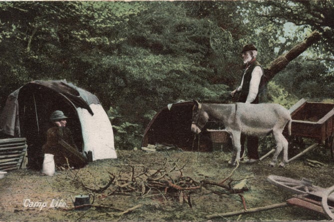 An Edwardian picture postcard captioned “Camp Life”, location unknown, but similar “bender” tents as lived in by Gypsies in the Chobham area