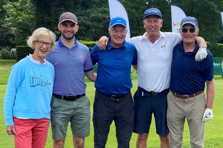 Julia Lamaison, Harry Lamaison, Ian Lamaison, Andrew Gardner and Chris Lamaison, who took part in a charity tournament at West Byfleet Golf Club