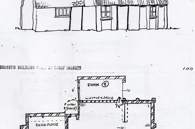 Drawing and plan of one of a Gypsy cottage at Sparrow Row, Chobham