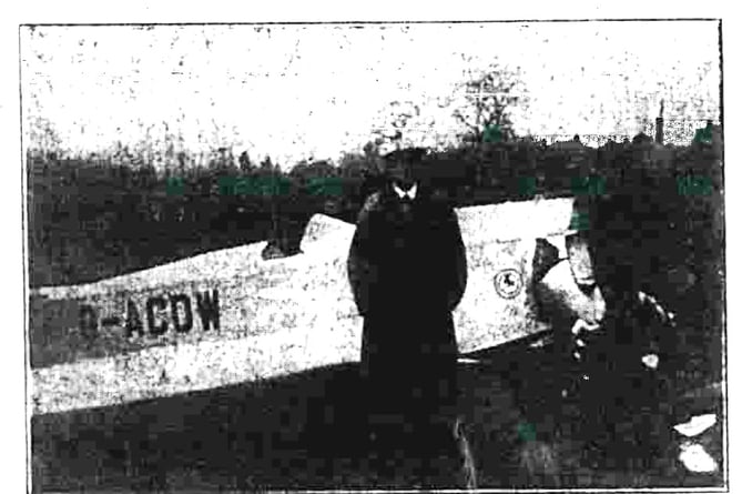 News & Mail photo of Capt. the Hon. Lionel Lambart D.S.O with his crash-landed plane at Goldsworth Nurseries in 1936