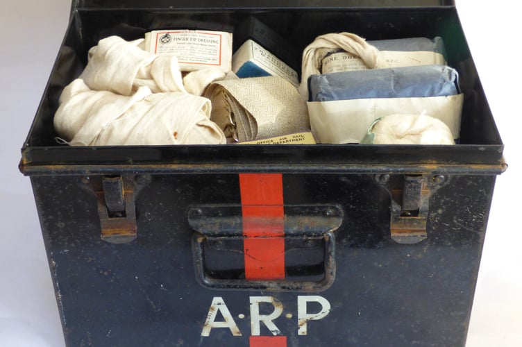 Metal ARP medical box full of bandages that were never used