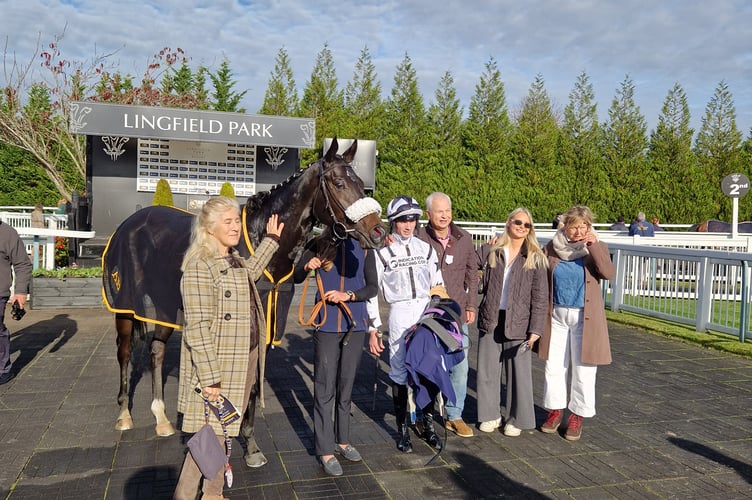 Winning connections of Sun Dancer Girl and jockey Callum Hutchinson in the winners' enclosure at Lingfield (Photo: Peter Moore)