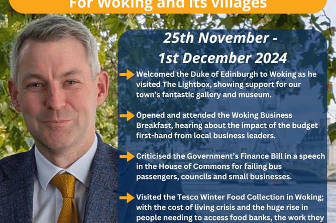 Woking MP Will Forster's weekly activities November 25 to December 1, 2024