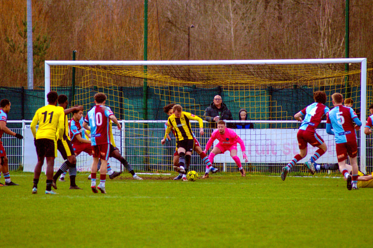 Action from Westfield's 3-2 win against Badshot Lea (Photo: Ian Poole)